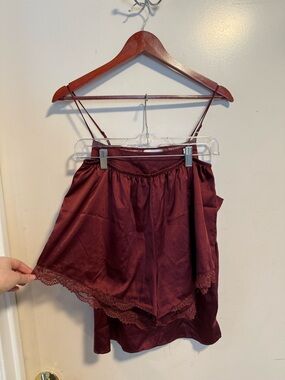 stars above Burgundy Satin Lace-Trim Cami & Shorts Set